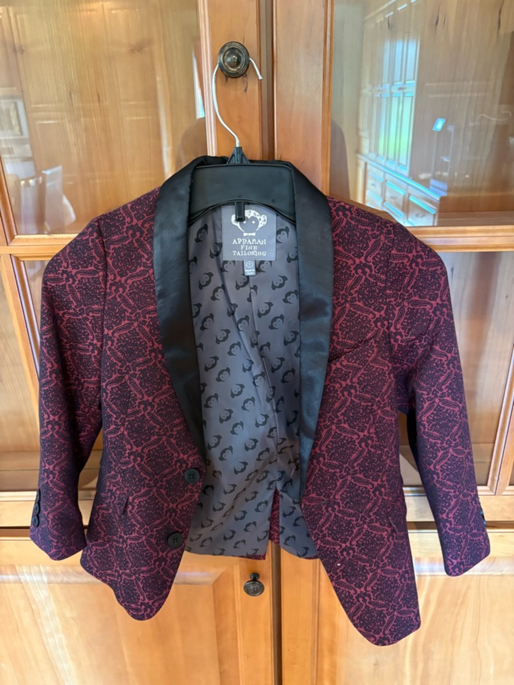 Appaman Burgundy Patterned Blazer with Black Satin Shawl Lapel